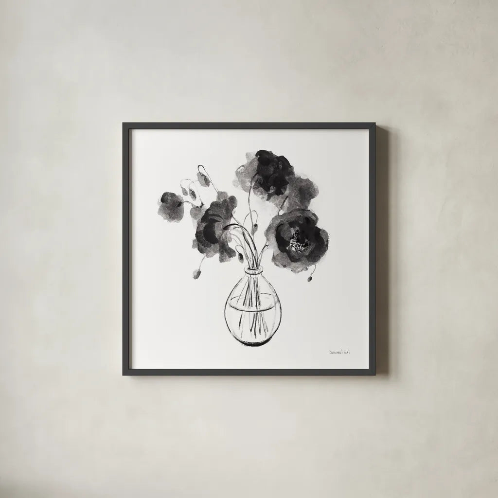 Garden Cuttings II Black by Danhui Nai. Shown in a sleek black glass frame for a contemporary gallery look. Available as an archival giclee rolled canvas, fine art paper, or poster print. SKU 77415a.