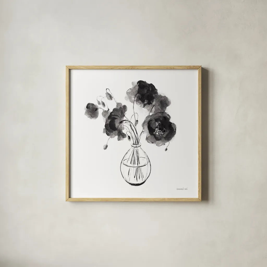 Garden Cuttings II Black by Danhui Nai. Shown in a natural wood glass frame for a timeless modern aesthetic. Available as an archival giclee rolled canvas, fine art paper, or poster print. SKU 77415a.
