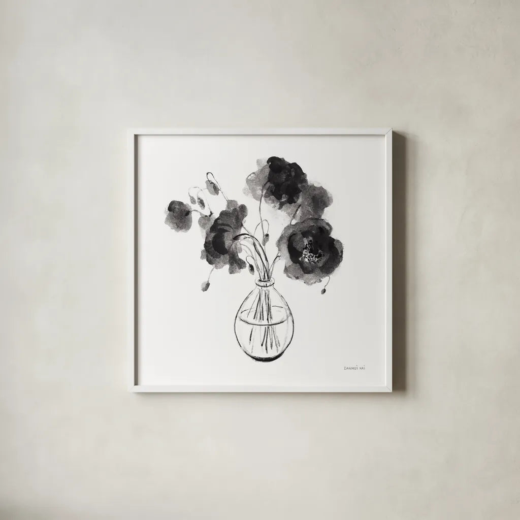 Garden Cuttings II Black by Danhui Nai. Shown in a crisp white glass frame for a clean and minimalist style. Available as an archival giclee rolled canvas, fine art paper, or poster print. SKU 77415a.