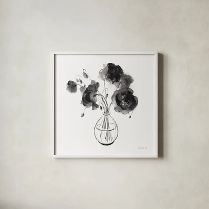 Garden Cuttings II Black by Danhui Nai. Shown in a crisp white glass frame for a clean and minimalist style. Available as an archival giclee rolled canvas, fine art paper, or poster print. SKU 77415a.