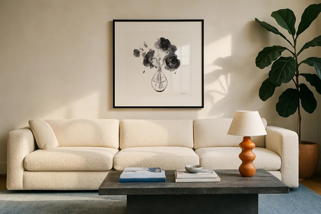 Garden Cuttings II Black by Danhui Nai. Displayed in a glass frame with matte in a clean modern living room. Available as an archival giclee rolled canvas, fine art paper, or poster print. SKU 77415a.