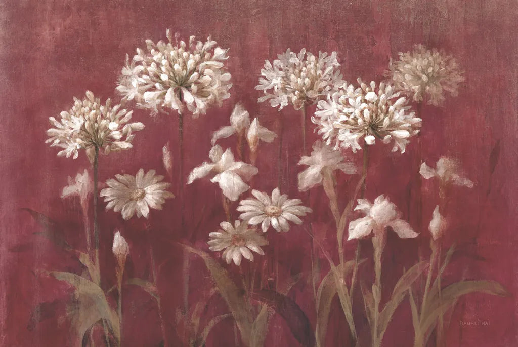 Garden Flowers on Burgundy by Danhui Nai. SKU 96195i. Archival Giclee Fine art print for wall decor.