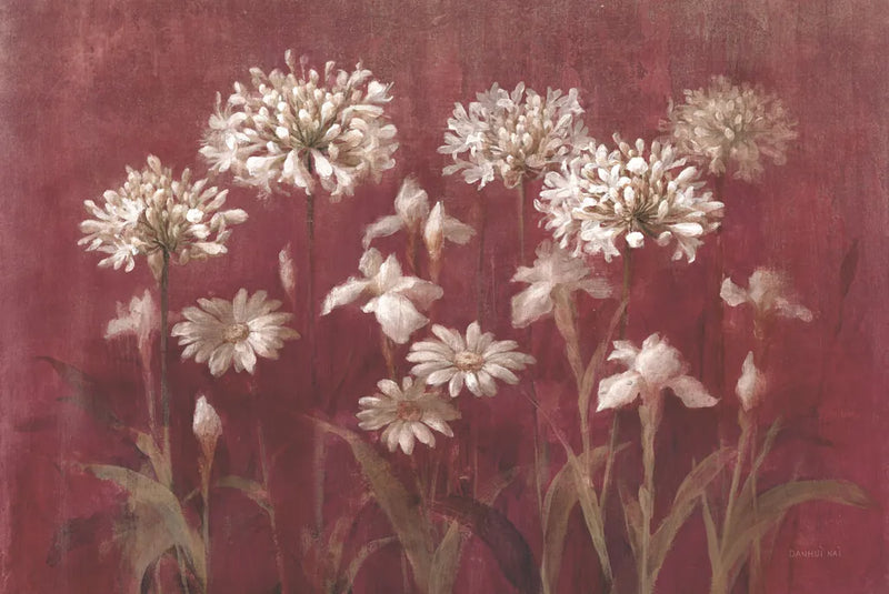 Garden Flowers on Burgundy by Danhui Nai. SKU 96195i. Archival Giclee Fine art print for wall decor.