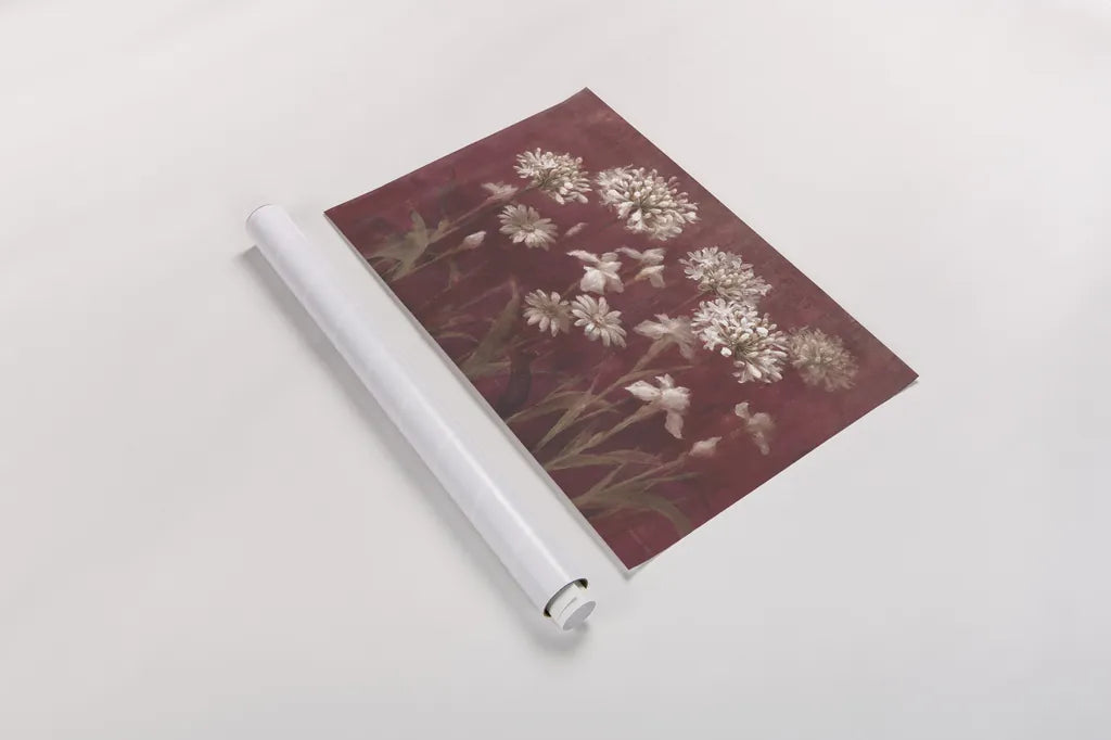 Garden Flowers on Burgundy by Danhui Nai. shown as a rolled paper print. Available as archival giclee rolled canvas, fine art paper, or poster print. SKU 96195i.