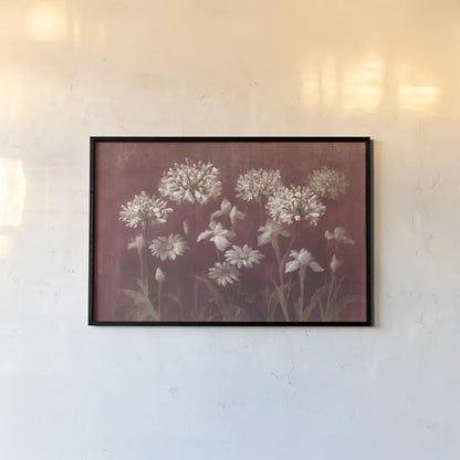 Garden Flowers on Burgundy by Danhui Nai. shown as a paper print in a black flame. Available as a archival giclee rolled canvas, fine art paper, or poster print. SKU 96195i.