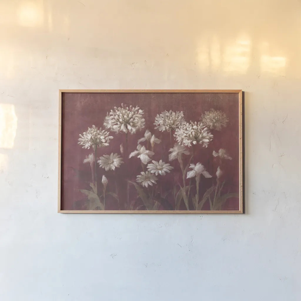Garden Flowers on Burgundy by Danhui Nai. shown as a paper print in a natural frame. Available as a archival giclee rolled canvas, fine art paper, or poster print. SKU 96195i.