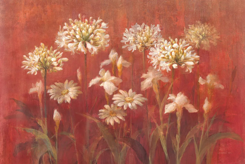 Garden Flowers on Red by Danhui Nai. SKU 95173i. Archival Giclee Fine art print for wall decor.