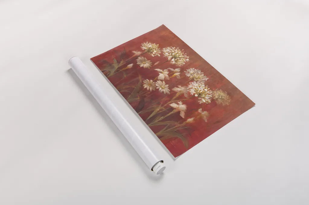 Garden Flowers on Red by Danhui Nai. shown as a rolled paper print. Available as archival giclee rolled canvas, fine art paper, or poster print. SKU 95173i.