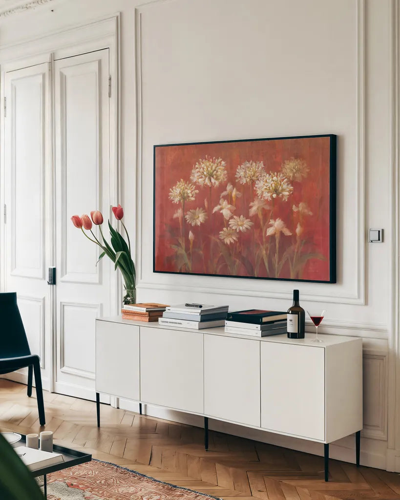 Garden Flowers on Red by Danhui Nai. shown as a framed stretched canvas in a living room above a console. Available as a archival giclee rolled canvas, fine art paper, or poster print. SKU 95173i.