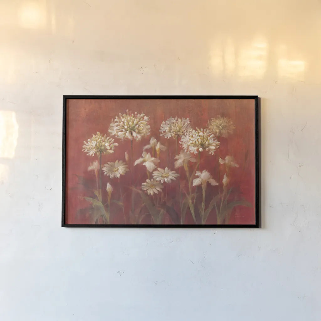 Garden Flowers on Red by Danhui Nai. shown as a paper print in a black flame. Available as a archival giclee rolled canvas, fine art paper, or poster print. SKU 95173i.