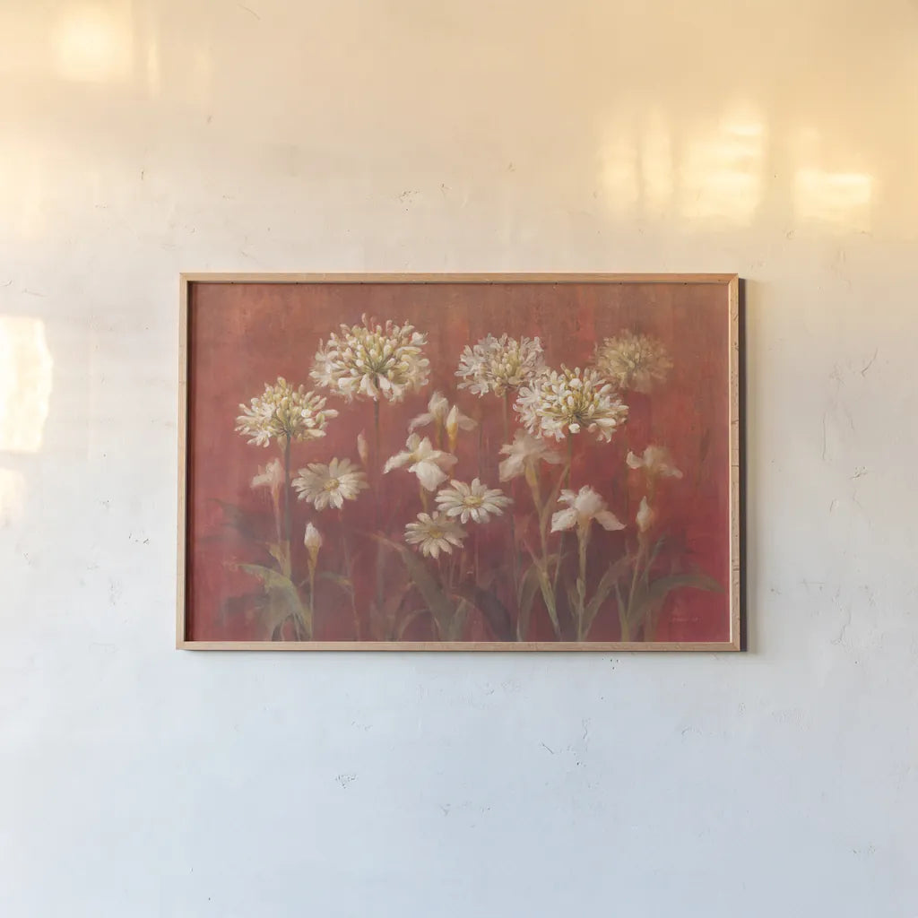 Garden Flowers on Red by Danhui Nai. shown as a paper print in a natural frame. Available as a archival giclee rolled canvas, fine art paper, or poster print. SKU 95173i.