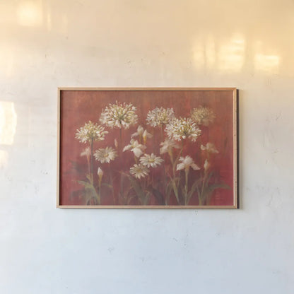 Garden Flowers on Red by Danhui Nai. shown as a paper print in a natural frame. Available as a archival giclee rolled canvas, fine art paper, or poster print. SKU 95173i.