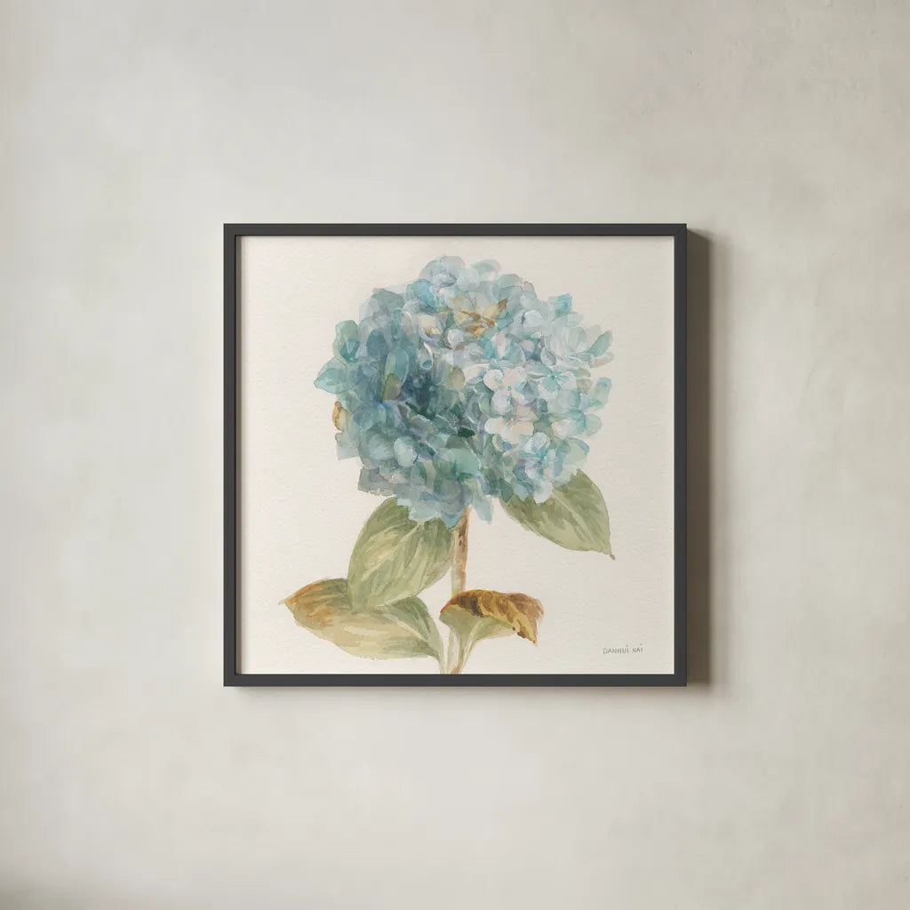 Garden Hydrangea Crop by Danhui Nai. Shown in a sleek black glass frame for a contemporary gallery look. Available as an archival giclee rolled canvas, fine art paper, or poster print. SKU 30353a.