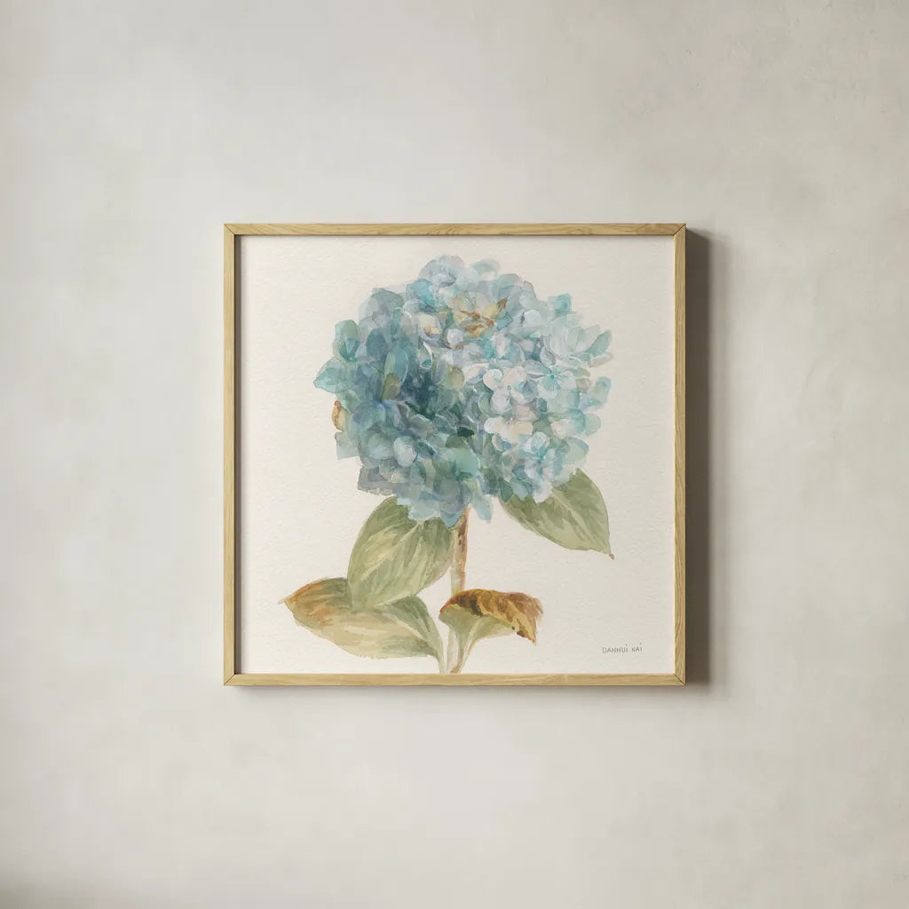 Garden Hydrangea Crop by Danhui Nai. Shown in a natural wood glass frame for a timeless modern aesthetic. Available as an archival giclee rolled canvas, fine art paper, or poster print. SKU 30353a.