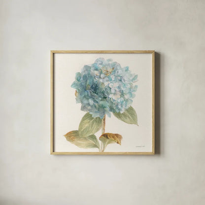 Garden Hydrangea Crop by Danhui Nai. Shown in a natural wood glass frame for a timeless modern aesthetic. Available as an archival giclee rolled canvas, fine art paper, or poster print. SKU 30353a.