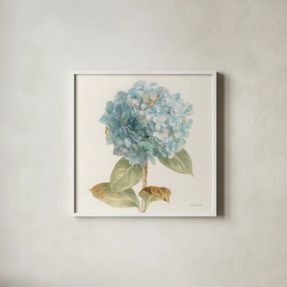 Garden Hydrangea Crop by Danhui Nai. Shown in a crisp white glass frame for a clean and minimalist style. Available as an archival giclee rolled canvas, fine art paper, or poster print. SKU 30353a.