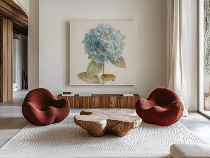 Garden Hydrangea Crop by Danhui Nai. Shown as extra-large giant wall art in a modern living room. Available as an archival giclee rolled canvas, fine art paper, or poster print. SKU 30353a.