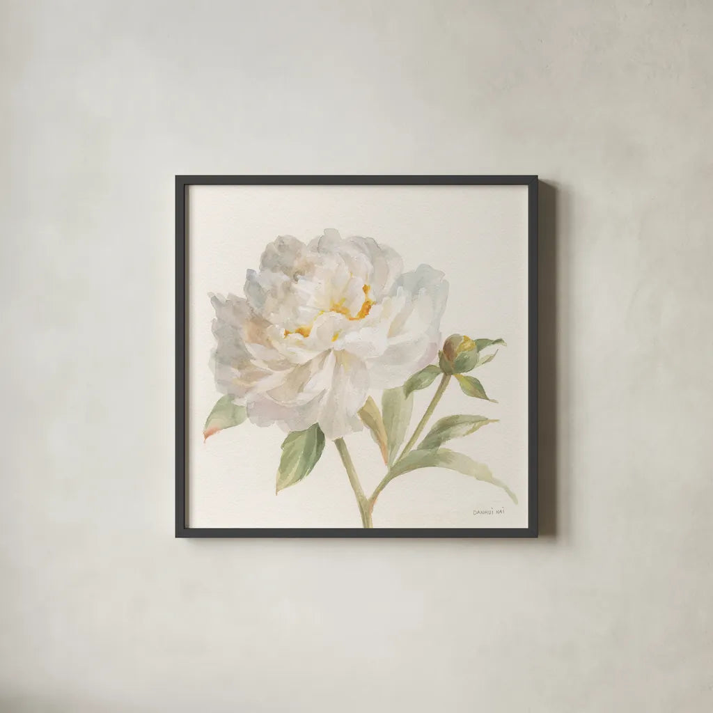Garden Peony Crop by Danhui Nai. Shown in a sleek black glass frame for a contemporary gallery look. Available as an archival giclee rolled canvas, fine art paper, or poster print. SKU 30352a.