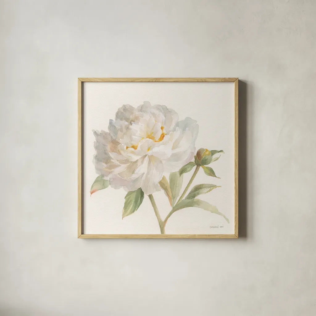 Garden Peony Crop by Danhui Nai. Shown in a natural wood glass frame for a timeless modern aesthetic. Available as an archival giclee rolled canvas, fine art paper, or poster print. SKU 30352a.