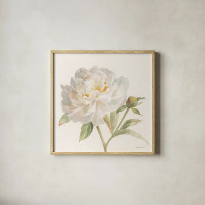 Garden Peony Crop by Danhui Nai. Shown in a natural wood glass frame for a timeless modern aesthetic. Available as an archival giclee rolled canvas, fine art paper, or poster print. SKU 30352a.