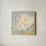 Garden Peony Neutral Crop by Danhui Nai. Shown in a natural wood glass frame for a timeless modern aesthetic. Available as an archival giclee rolled canvas, fine art paper, or poster print. SKU 63221a.