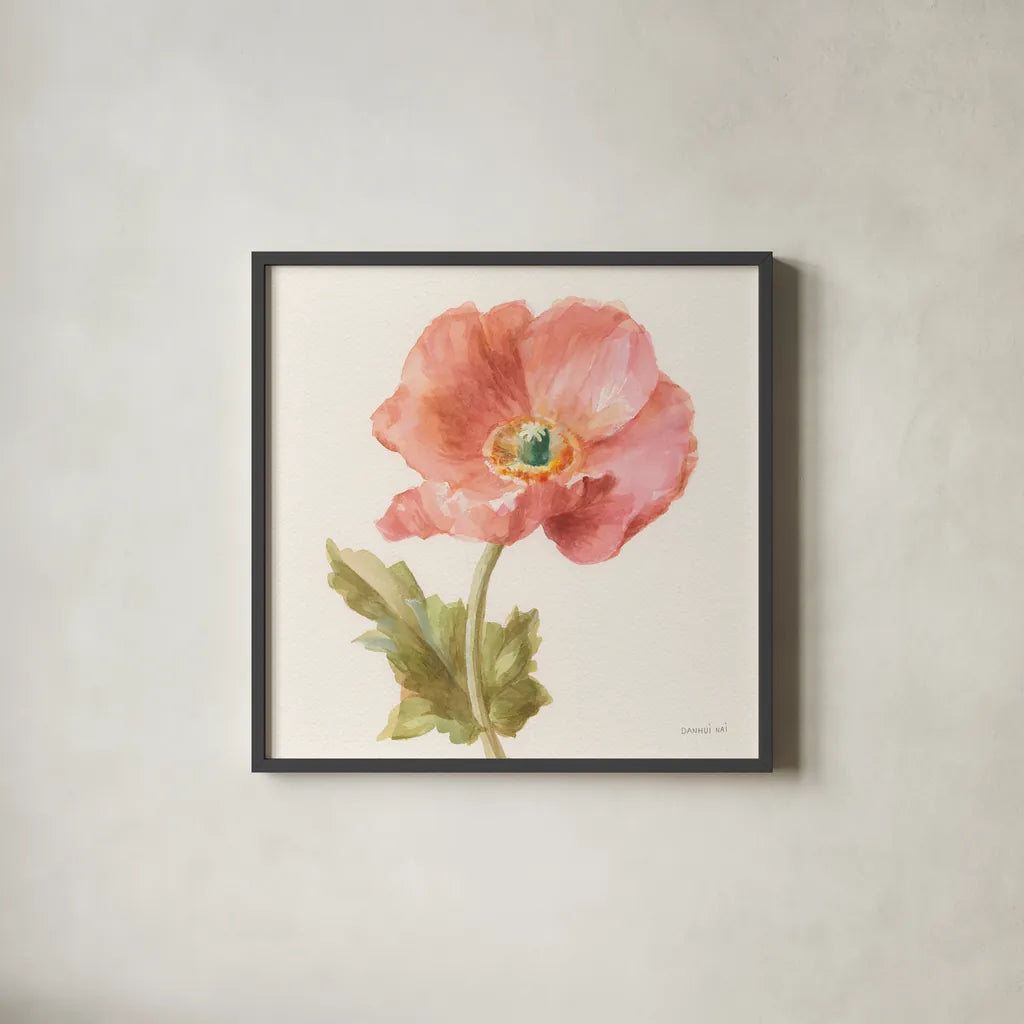 Garden Poppy Crop by Danhui Nai. Shown in a sleek black glass frame for a contemporary gallery look. Available as an archival giclee rolled canvas, fine art paper, or poster print. SKU 30351a.