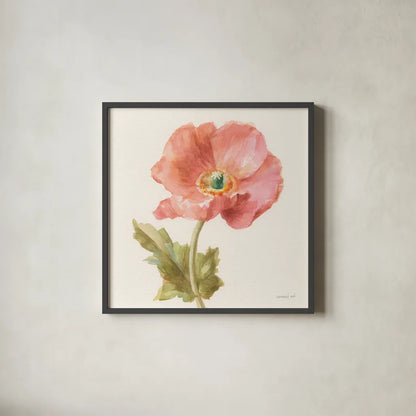 Garden Poppy Crop by Danhui Nai. Shown in a sleek black glass frame for a contemporary gallery look. Available as an archival giclee rolled canvas, fine art paper, or poster print. SKU 30351a.