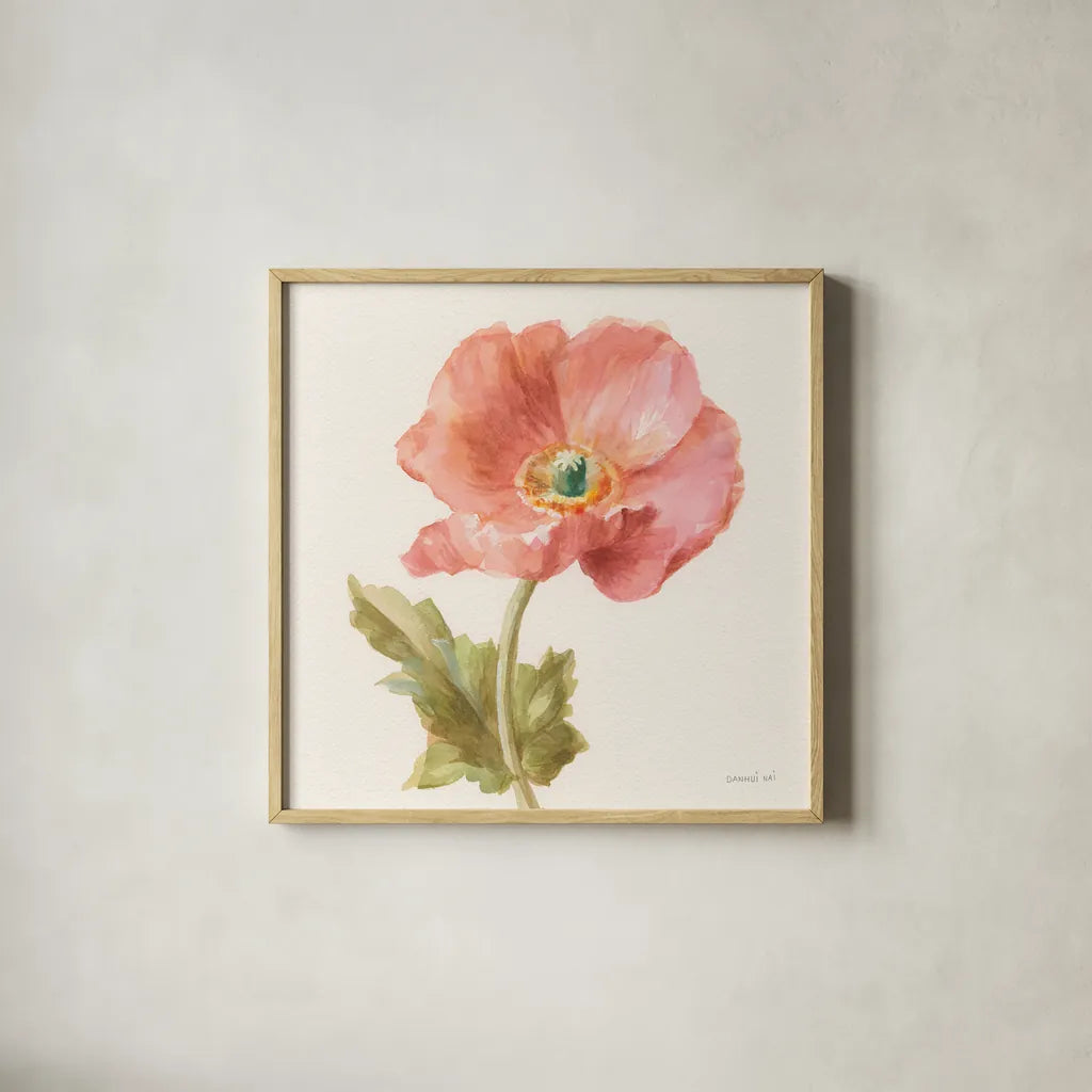 Garden Poppy Crop by Danhui Nai. Shown in a natural wood glass frame for a timeless modern aesthetic. Available as an archival giclee rolled canvas, fine art paper, or poster print. SKU 30351a.