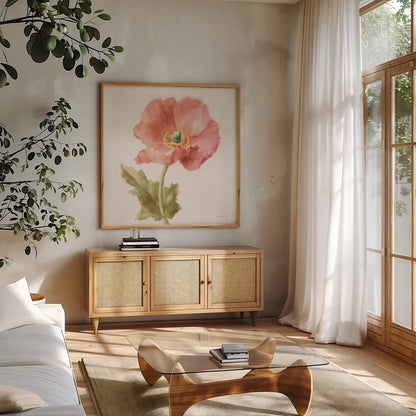 Garden Poppy Crop by Danhui Nai. Shown in a natural wood frame in a cozy modern living room. Available as an archival giclee rolled canvas, fine art paper, or poster print. SKU 30351a.