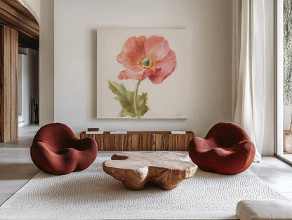 Garden Poppy Crop by Danhui Nai. Shown as extra-large giant wall art in a modern living room. Available as an archival giclee rolled canvas, fine art paper, or poster print. SKU 30351a.