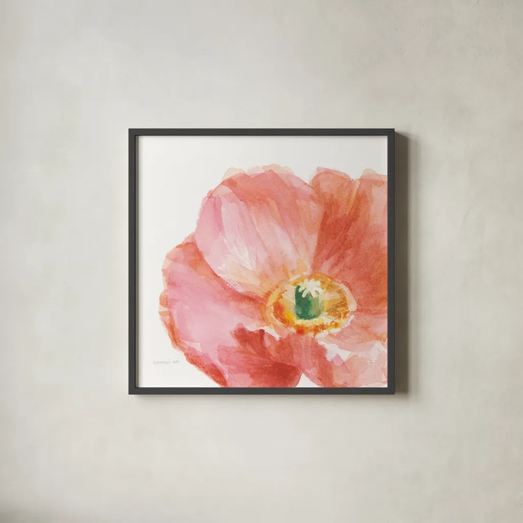 Garden Poppy Flipped on White Crop by Danhui Nai. Shown in a sleek black glass frame for a contemporary gallery look. Available as an archival giclee rolled canvas, fine art paper, or poster print. SKU 37220a.