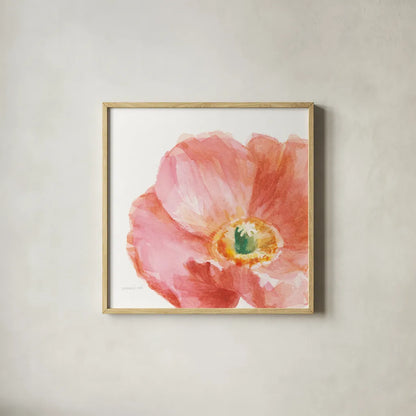 Garden Poppy Flipped on White Crop by Danhui Nai. Shown in a natural wood glass frame for a timeless modern aesthetic. Available as an archival giclee rolled canvas, fine art paper, or poster print. SKU 37220a.