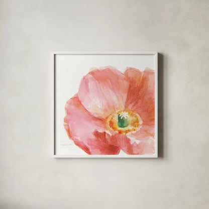 Garden Poppy Flipped on White Crop by Danhui Nai. Shown in a crisp white glass frame for a clean and minimalist style. Available as an archival giclee rolled canvas, fine art paper, or poster print. SKU 37220a.