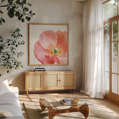 Garden Poppy Flipped on White Crop by Danhui Nai. Shown in a natural wood frame in a cozy modern living room. Available as an archival giclee rolled canvas, fine art paper, or poster print. SKU 37220a.