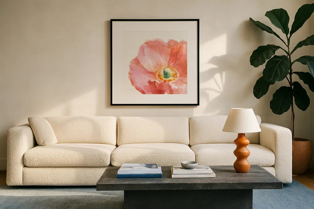 Garden Poppy Flipped on White Crop by Danhui Nai. Displayed in a glass frame with matte in a clean modern living room. Available as an archival giclee rolled canvas, fine art paper, or poster print. SKU 37220a.