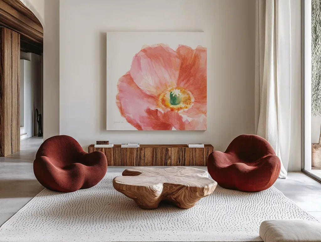 Garden Poppy Flipped on White Crop by Danhui Nai. Shown as extra-large giant wall art in a modern living room. Available as an archival giclee rolled canvas, fine art paper, or poster print. SKU 37220a.