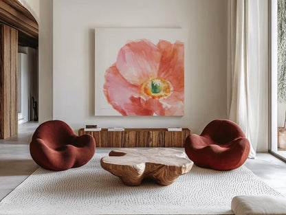 Garden Poppy Flipped on White Crop by Danhui Nai. Shown as extra-large giant wall art in a modern living room. Available as an archival giclee rolled canvas, fine art paper, or poster print. SKU 37220a.