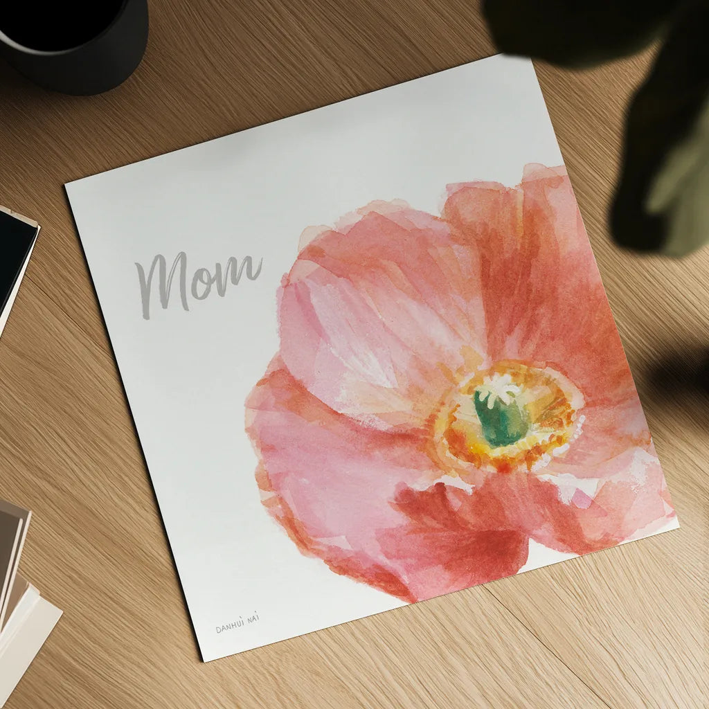Garden Poppy Flipped on White Crop II Mom by Danhui Nai. Shown as a detailed flat fine art print, highlighting archival giclee quality. Available as an archival giclee rolled canvas, fine art paper, or poster print. SKU 41681a.