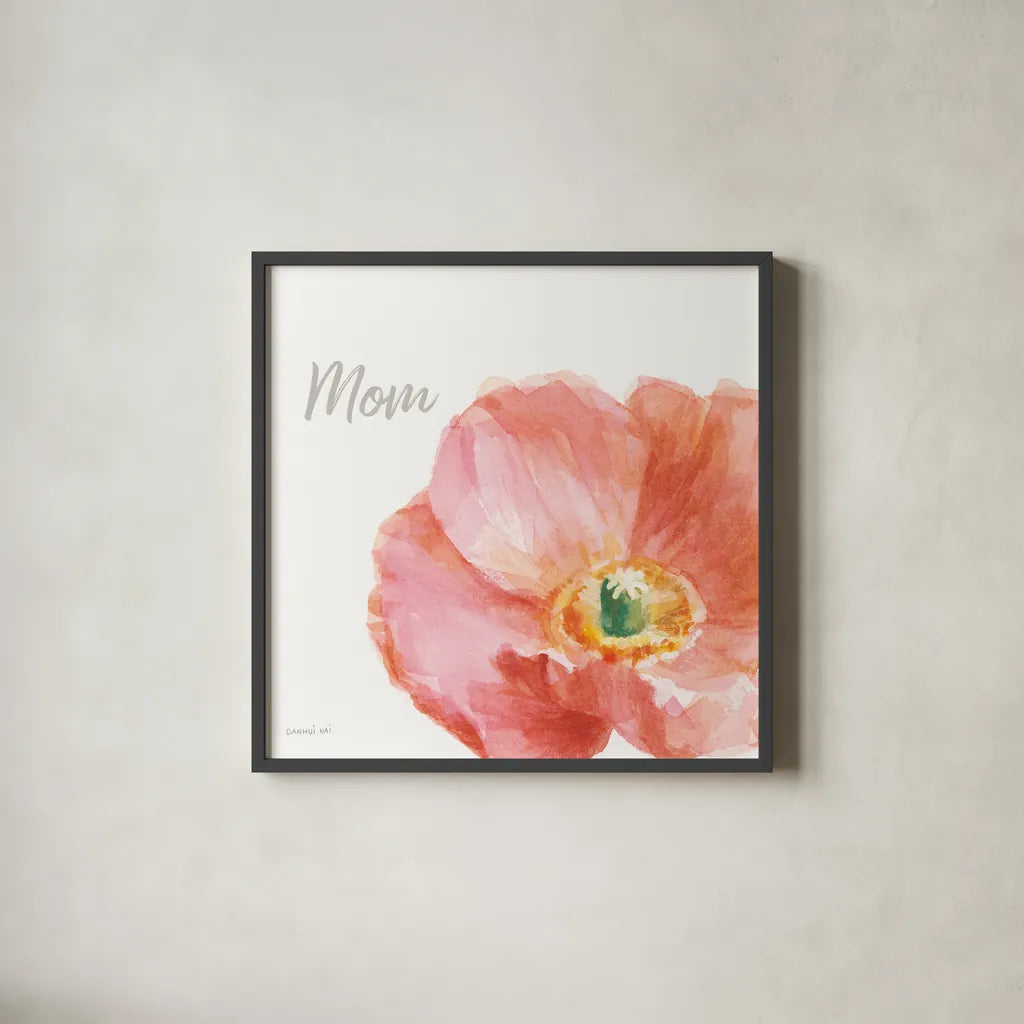 Garden Poppy Flipped on White Crop II Mom by Danhui Nai. Shown in a sleek black glass frame for a contemporary gallery look. Available as an archival giclee rolled canvas, fine art paper, or poster print. SKU 41681a.