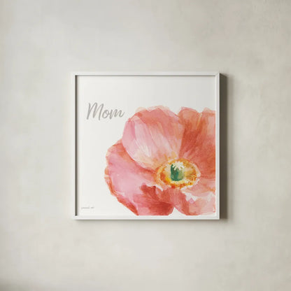 Garden Poppy Flipped on White Crop II Mom by Danhui Nai. Shown in a crisp white glass frame for a clean and minimalist style. Available as an archival giclee rolled canvas, fine art paper, or poster print. SKU 41681a.