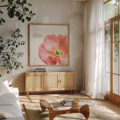 Garden Poppy Flipped on White Crop II Mom by Danhui Nai. Shown in a natural wood frame in a cozy modern living room. Available as an archival giclee rolled canvas, fine art paper, or poster print. SKU 41681a.