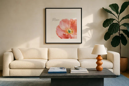 Garden Poppy Flipped on White Crop II Mom by Danhui Nai. Displayed in a glass frame with matte in a clean modern living room. Available as an archival giclee rolled canvas, fine art paper, or poster print. SKU 41681a.