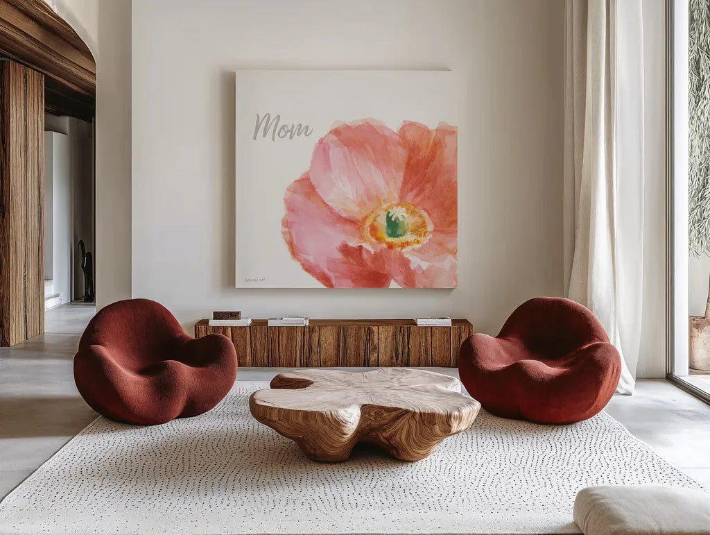 Garden Poppy Flipped on White Crop II Mom by Danhui Nai. Shown as extra-large giant wall art in a modern living room. Available as an archival giclee rolled canvas, fine art paper, or poster print. SKU 41681a.