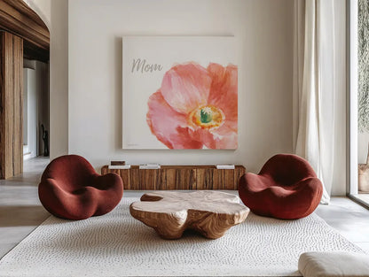 Garden Poppy Flipped on White Crop II Mom by Danhui Nai. Shown as extra-large giant wall art in a modern living room. Available as an archival giclee rolled canvas, fine art paper, or poster print. SKU 41681a.