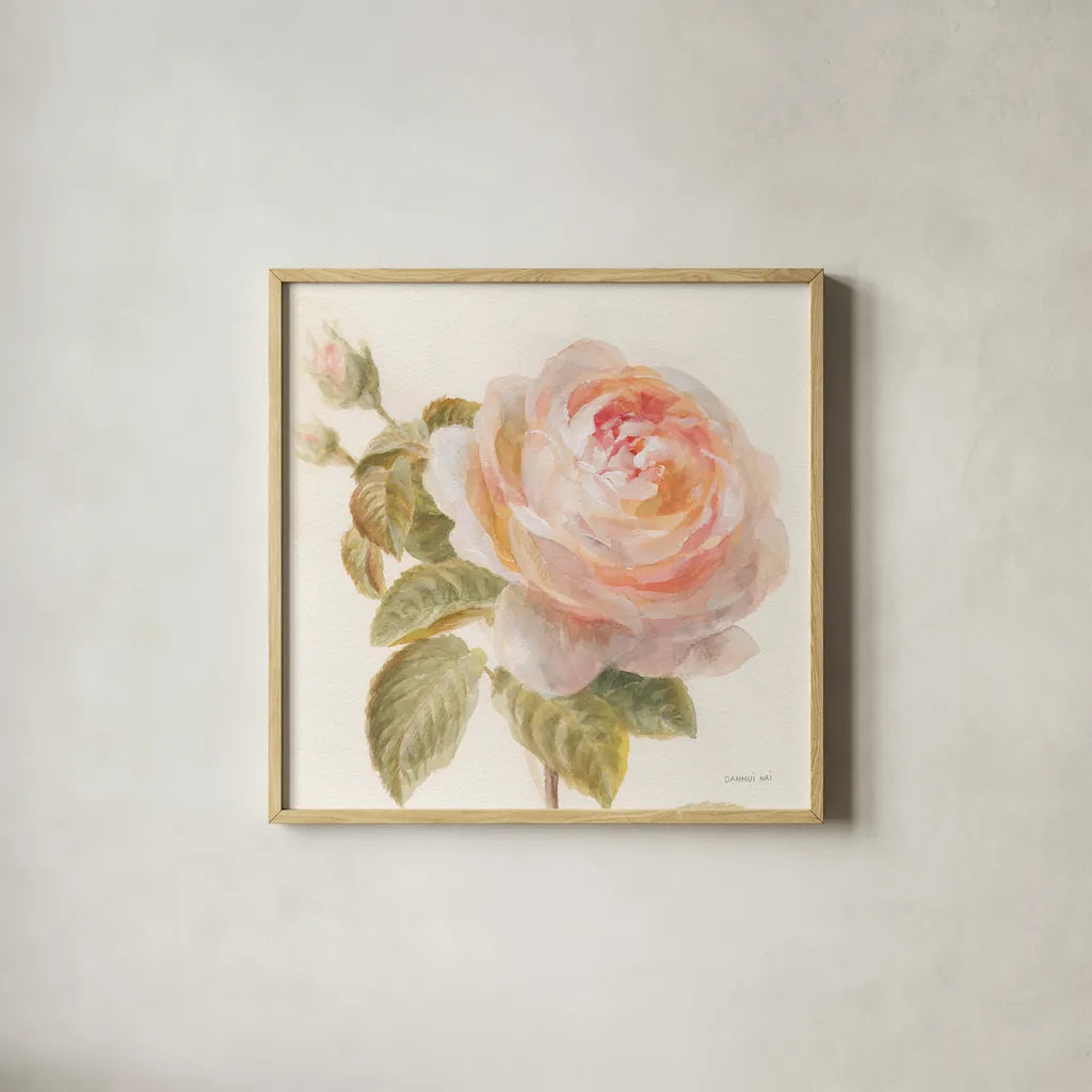 Garden Rose Crop by Danhui Nai. Shown in a natural wood glass frame for a timeless modern aesthetic. Available as an archival giclee rolled canvas, fine art paper, or poster print. SKU 30354a.