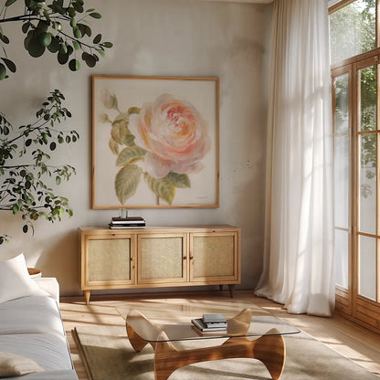 Garden Rose Crop by Danhui Nai. Shown in a natural wood frame in a cozy modern living room. Available as an archival giclee rolled canvas, fine art paper, or poster print. SKU 30354a.