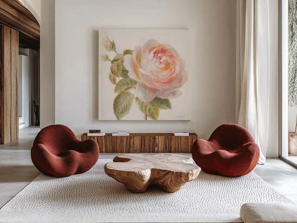 Garden Rose Crop by Danhui Nai. Shown as extra-large giant wall art in a modern living room. Available as an archival giclee rolled canvas, fine art paper, or poster print. SKU 30354a.