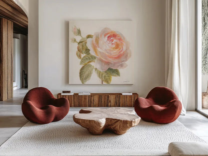 Garden Rose Crop by Danhui Nai. Shown as extra-large giant wall art in a modern living room. Available as an archival giclee rolled canvas, fine art paper, or poster print. SKU 30354a.