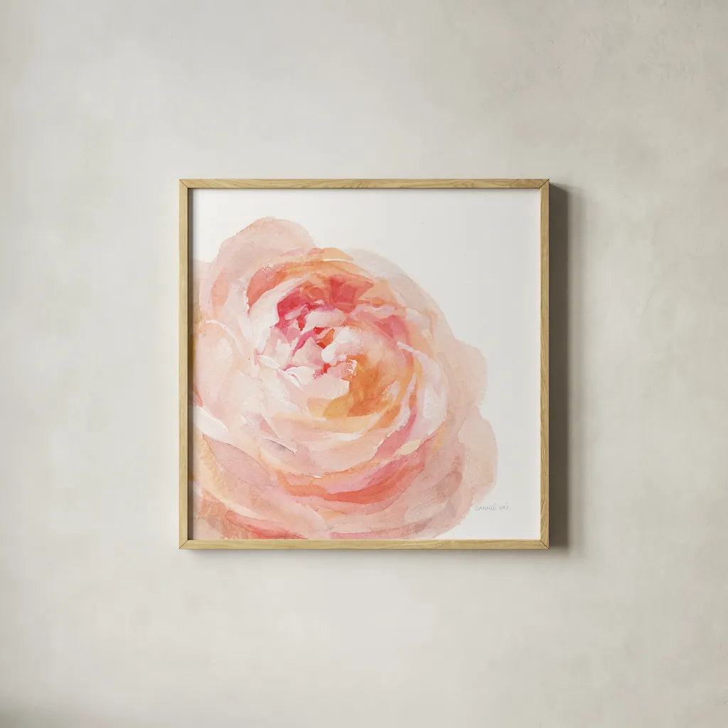 Garden Rose on White Crop by Danhui Nai. Shown in a natural wood glass frame for a timeless modern aesthetic. Available as an archival giclee rolled canvas, fine art paper, or poster print. SKU 37221a.