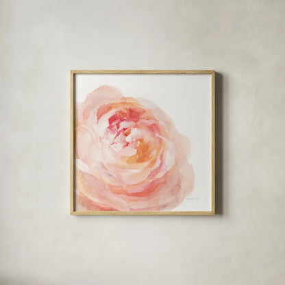 Garden Rose on White Crop by Danhui Nai. Shown in a natural wood glass frame for a timeless modern aesthetic. Available as an archival giclee rolled canvas, fine art paper, or poster print. SKU 37221a.